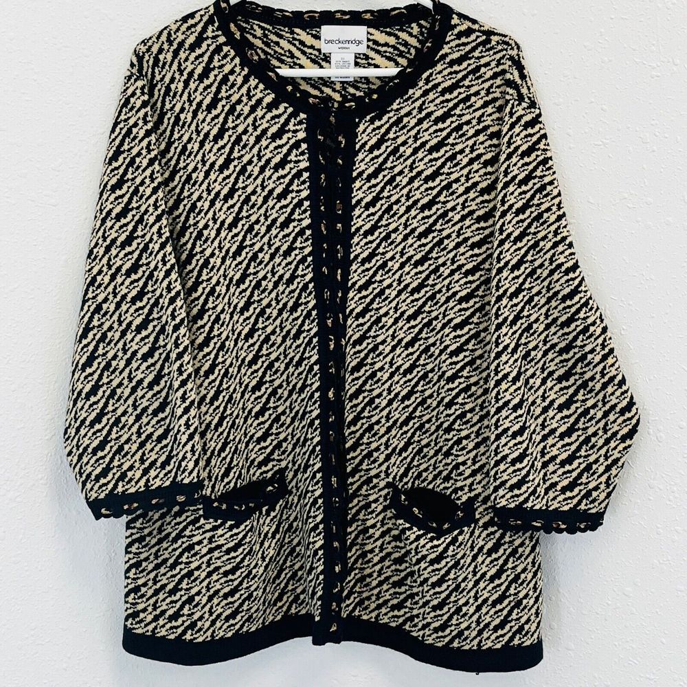 Womens 3X Breckenridge Woman Cardigan Animal‎ Print Knit Tan Black 3/4 Sleeve